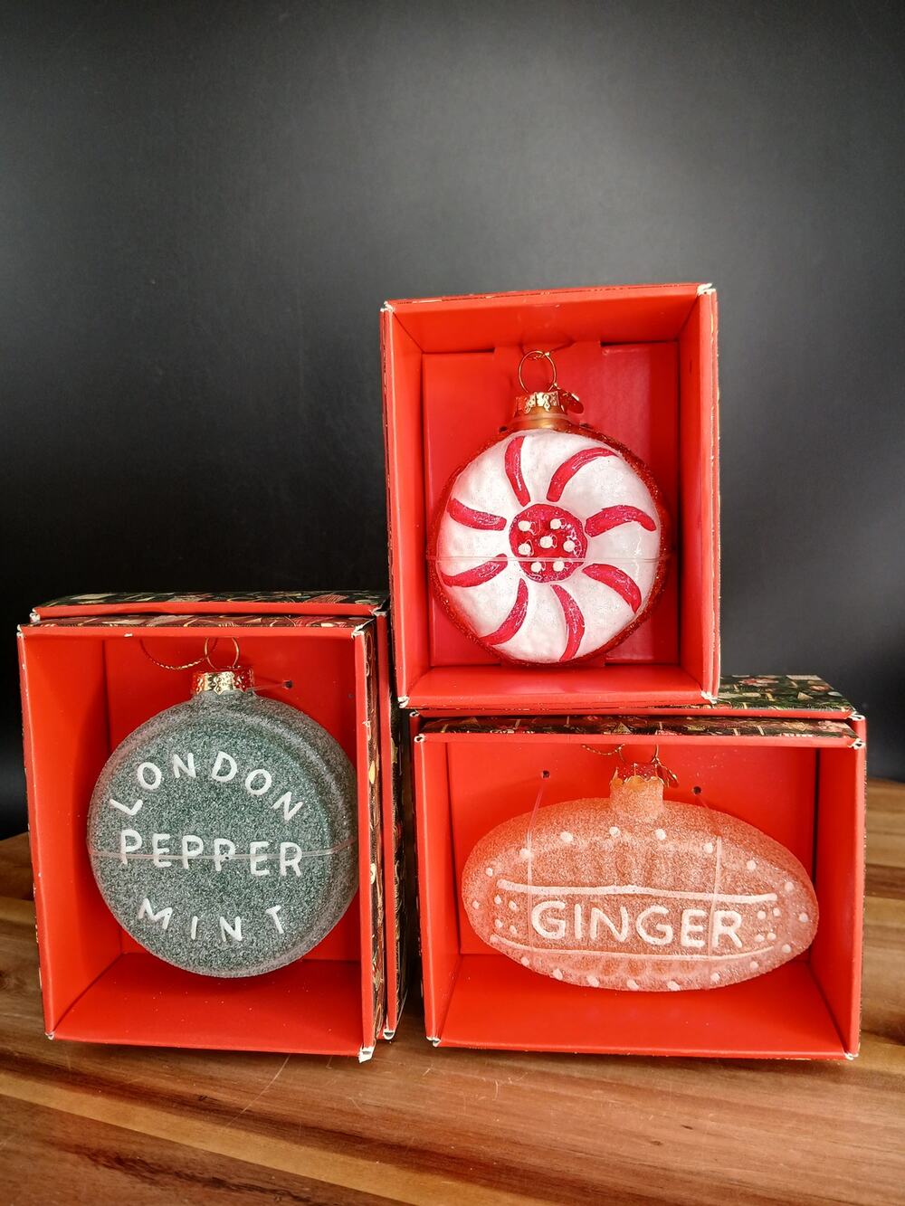 NEW John Derian SET OF 3 Glass Christmas Ornament Cookie Ginger Peppermint